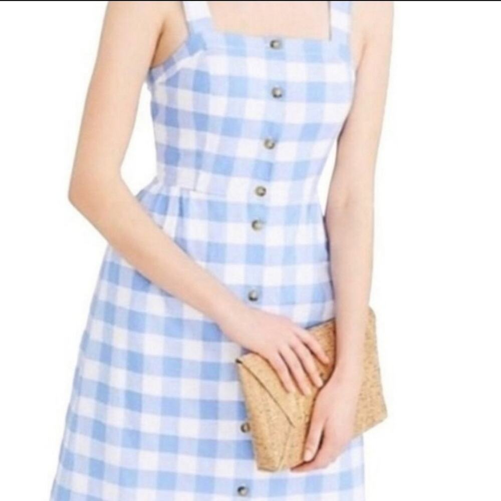 J. CREW Gingham Print Linen Blend Button Front Dress Size 12 Blue White Plaid